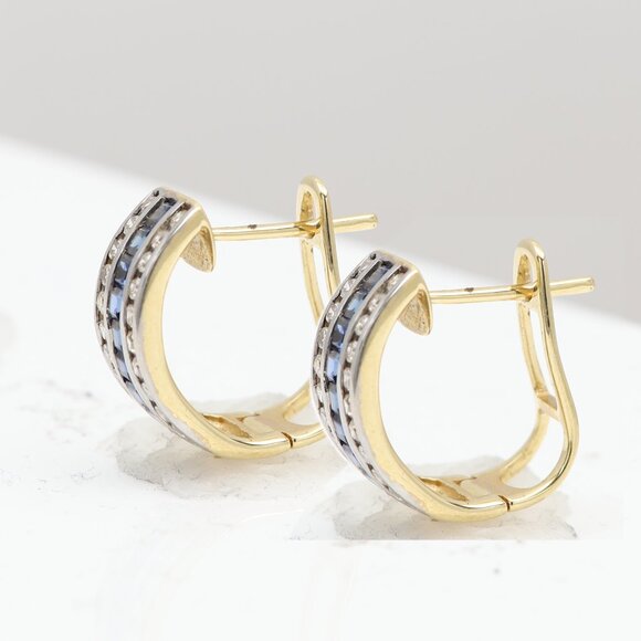 14k Gold Huggie Earrings with Natural Blue Sapphire and Diamonds - Picture 5 of 6